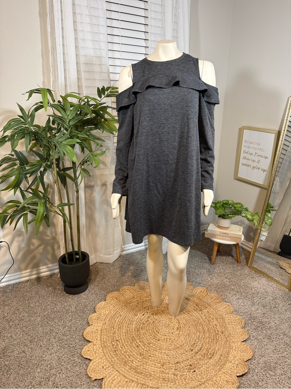 LOFT Cold-Shoulder Ruffle Shift Dress - Charcoal Gray